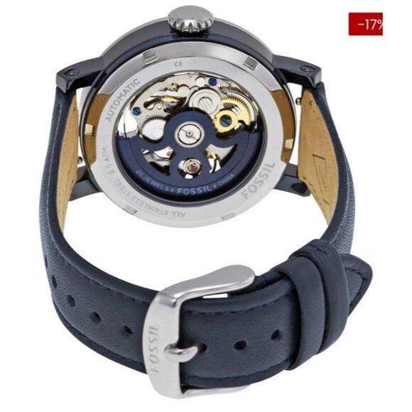 FOSSIL Automatic Watch Analog/Leather Navy Blue Clear Glass Silver Metal me3136 - Picture 3 of 7